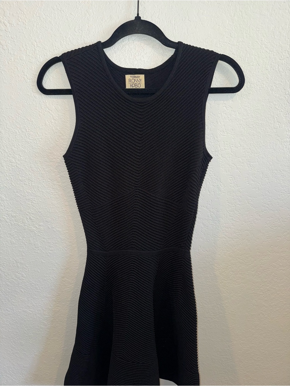 TORN Ronny Kobo Black Sleeveless Textured Chevron Fit-n-Flare Mini Dress Size S